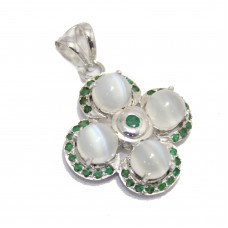Pendant Sterling Silver 925 Women's Natural Emerald Moonstone Gem Stones A868